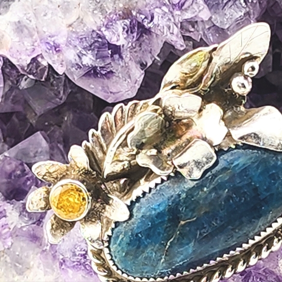 BLUE APATITE & CITRINE FLORAL RING HANDMADE IN RECYCLE STERLING SILVER SZ 8 - Picture 3 of 8